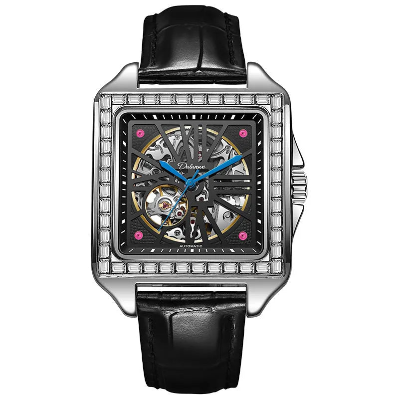 Square silver men's automatic watch with diamond-studded bezel on a black leather strap.