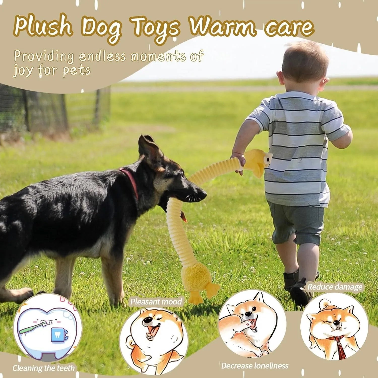 Brown, grey, and yellow plush stuffed dog toys with a squeaker and foldable design