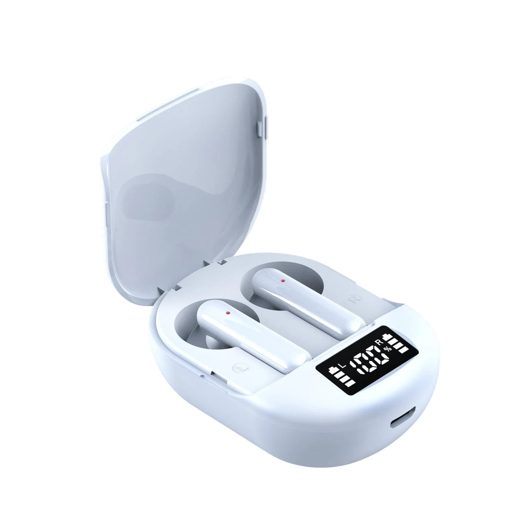 Black and white wireless Bluetooth in-ear headset with digital display screen and charging bin