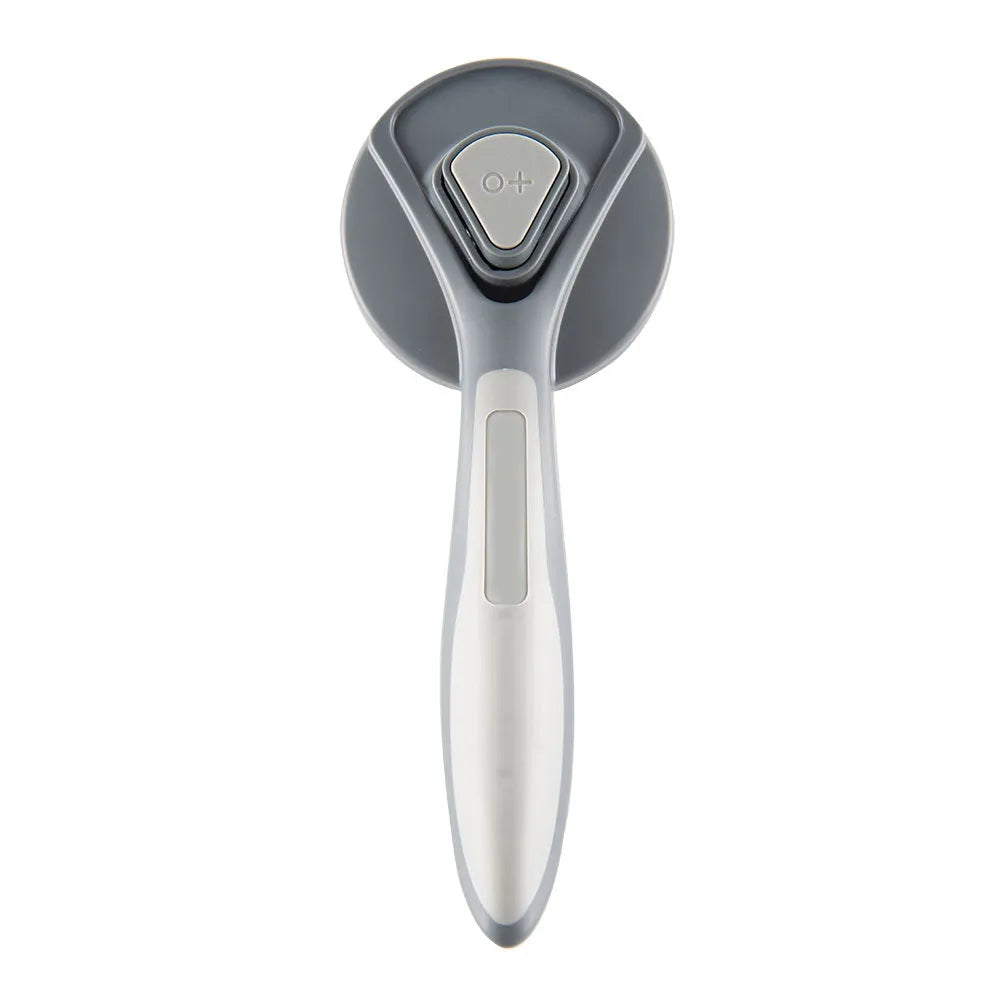 Gray self-cleaning slicker brush for pet grooming with one-click cleaning button on handle