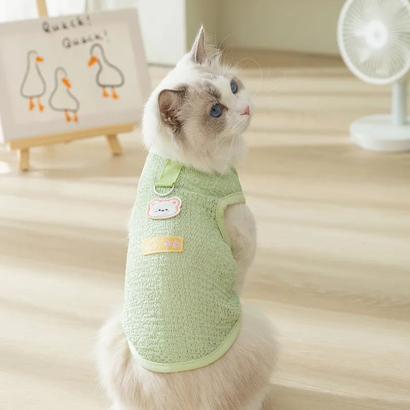Blue hollowed-out knitted cat jumper with a bear patch, sizes S to XXL