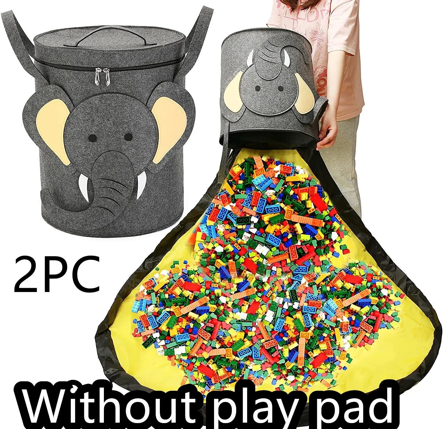 Green felt cube storage bag with pull rope serving as toy organiser and play mat