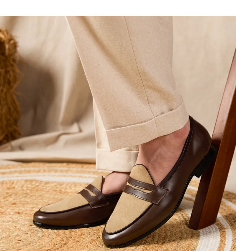 Coffee grey suede leather men's loafers with a slip-on kick closure and rubber sole.