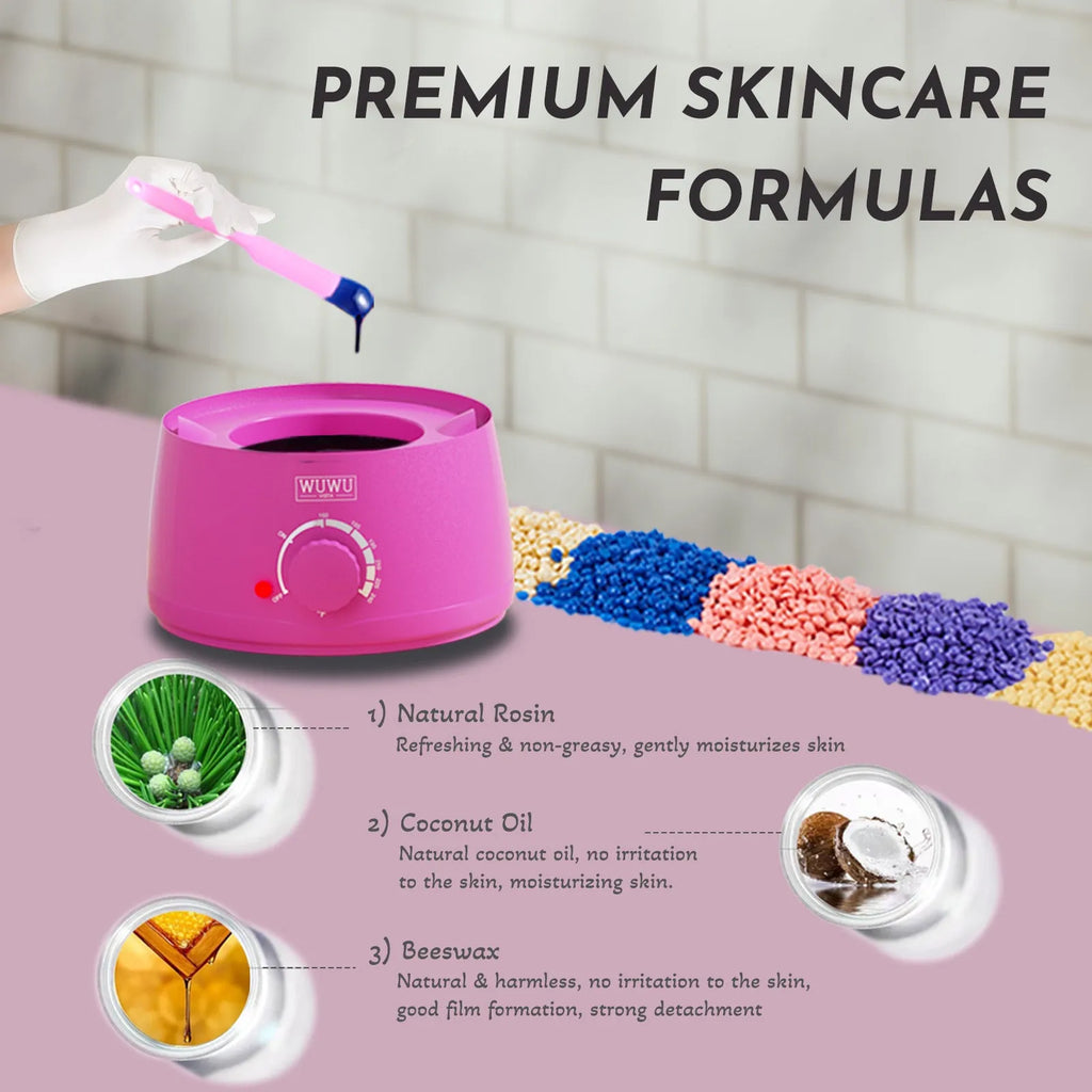 Professional waxing kit with hard wax beans, warmer, five wax variants, and application tools for facial and body hair removal