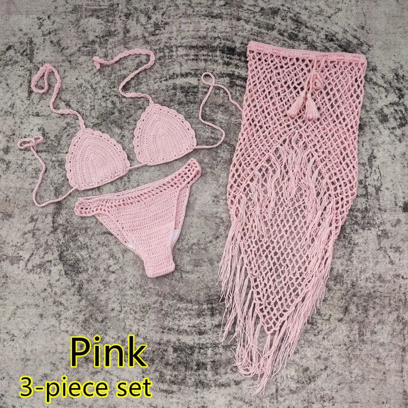 Women's handmade crochet bikini and matching beach skirt swimsuit set in acrylic fabric