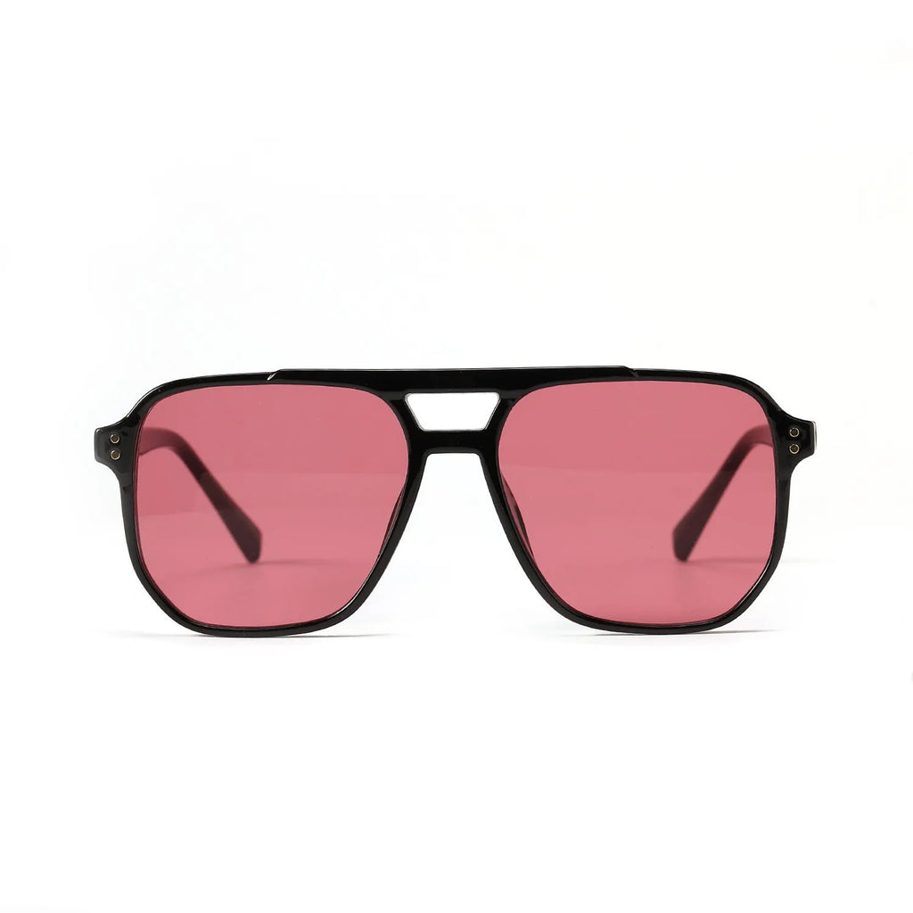 Women's black frame pink lens sunglasses with double square beam design and UV400 protection.
