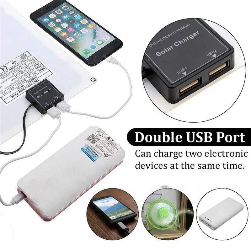 Portable solar panel with dual USB ports for outdoor mobile device charging