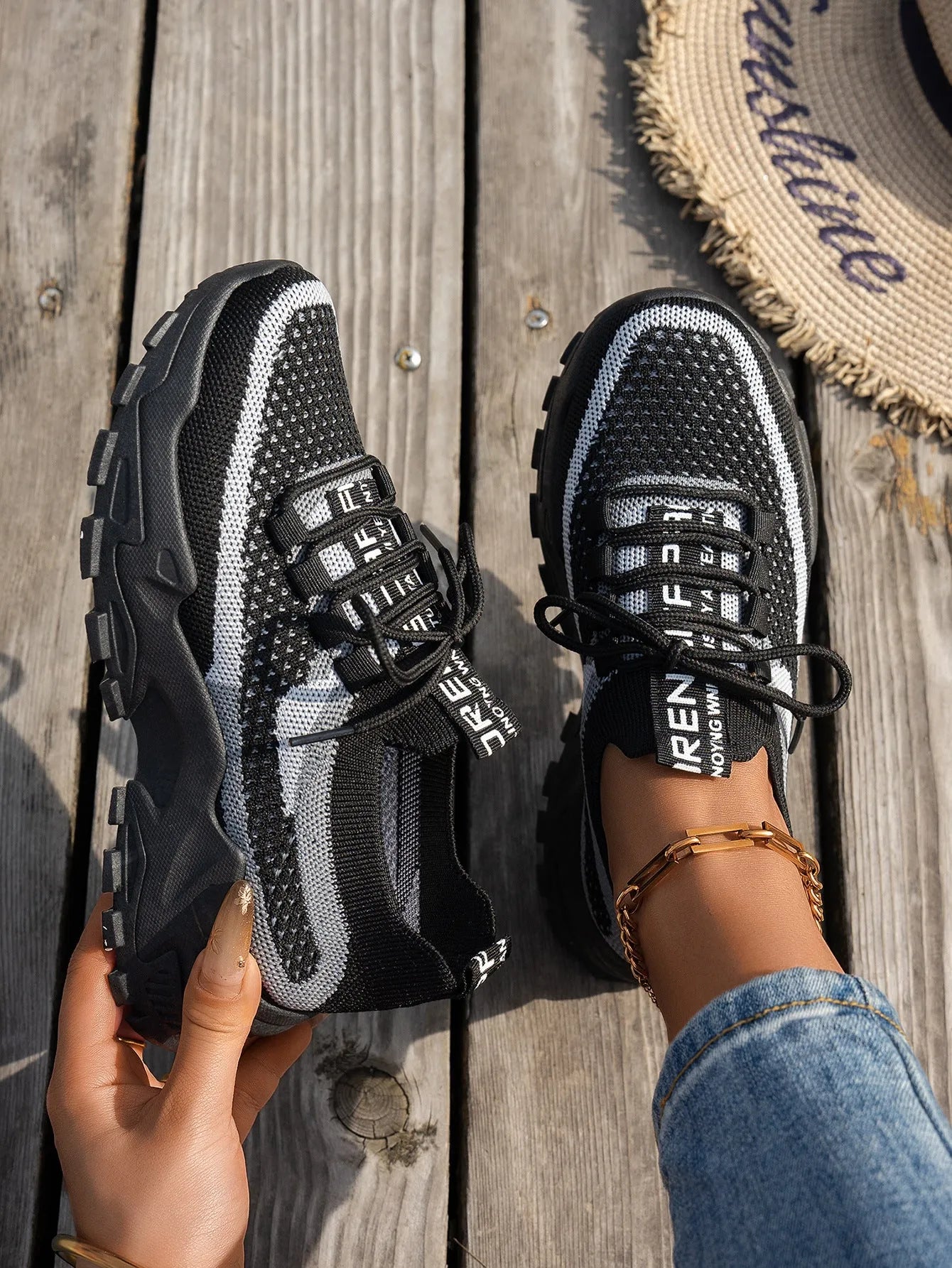 Women's Flyknit mesh lace-up sneakers in multiple colour options with rubber sole