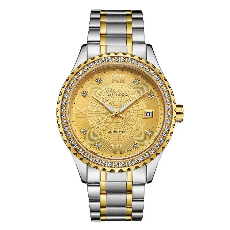 Men's waterproof automatic mechanical watch with gold case and black dial showing luminous elements