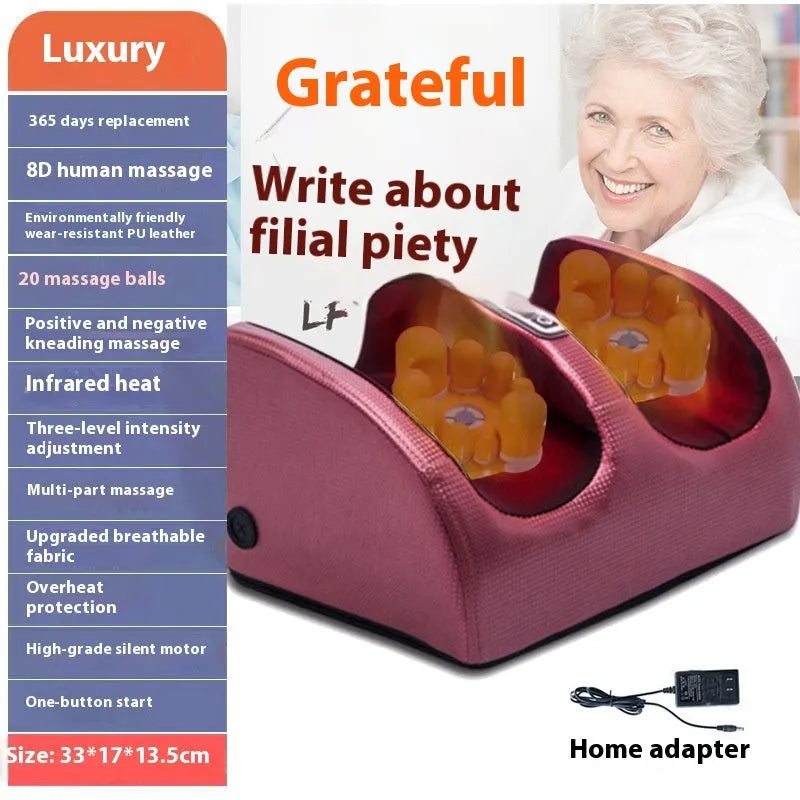 Automatic foot massage machine in gold colour with remote control on a wooden floor.