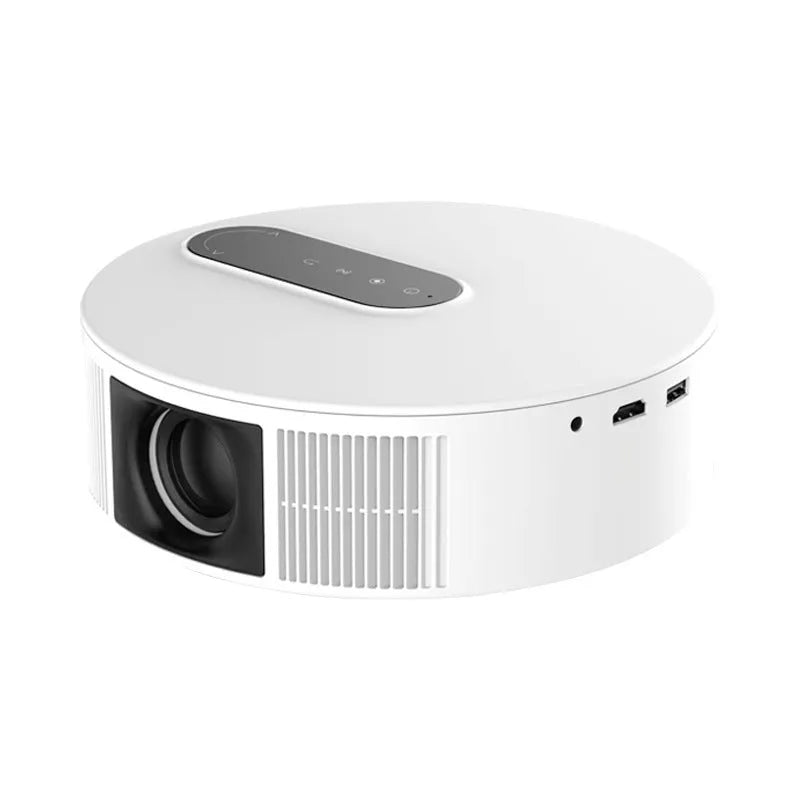 White 720p HD home theatre projector with remote control on a table.