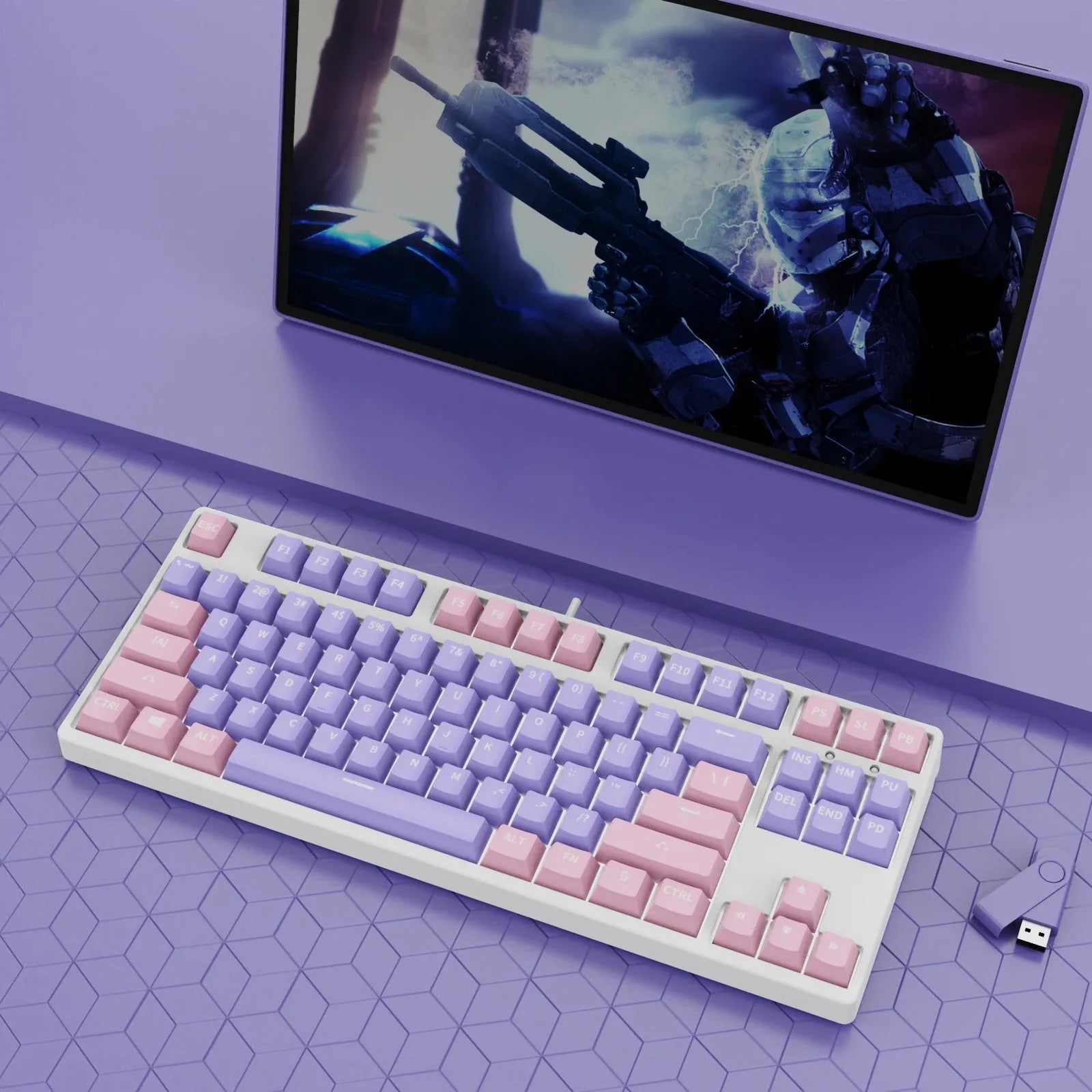 87-key wired mechanical keyboard with hot-swappable sockets showing colour options and included accessories