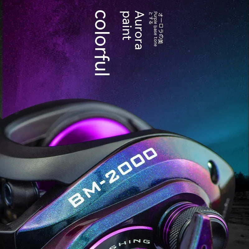 Colourful BM2000 fishing reel with magnetic brake system, shown in left and right-hand retrieve options.