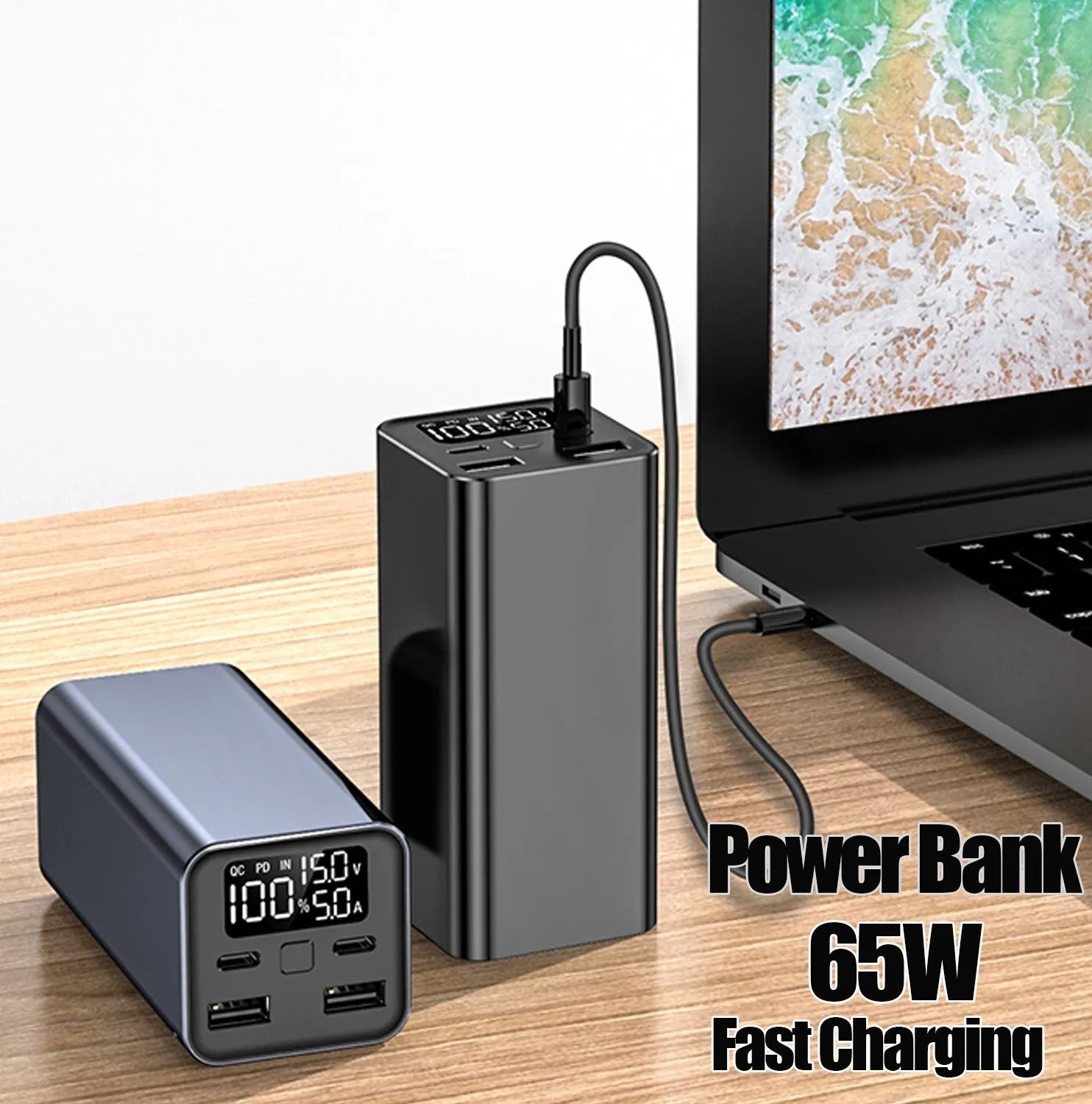 High-power 65W 20000mAh metal laptop charging bank in black, blue, or grey.
