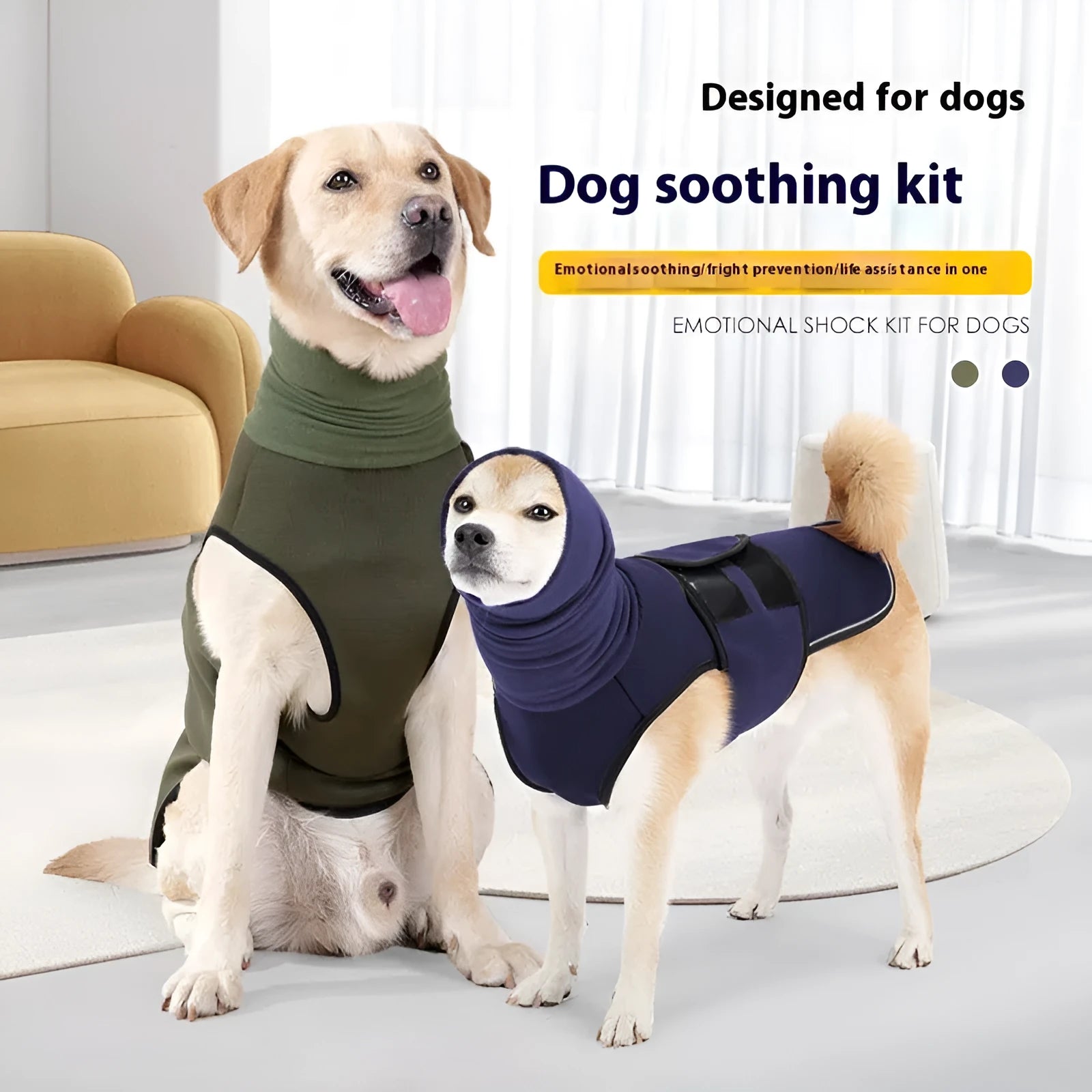 Dog wearing army green anti-anxiety calming jacket with gentle pressure wrap design