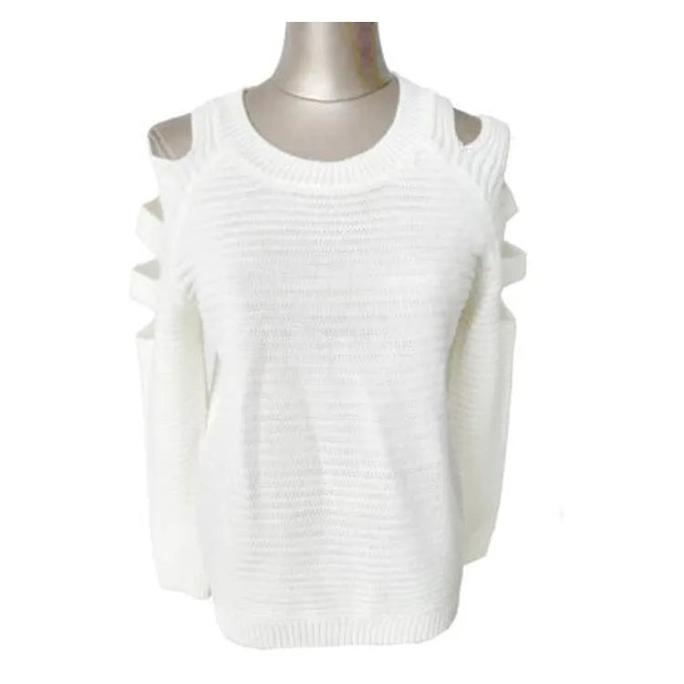 Women's grey knitted round neck shirt with decorative hollow-out long sleeves.