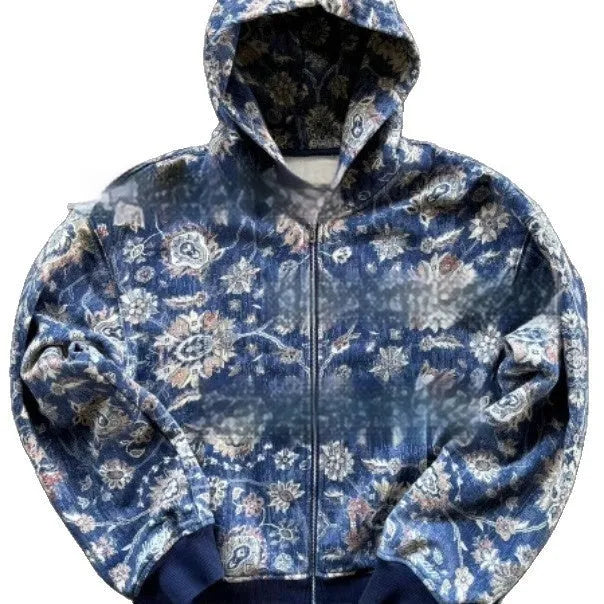 Man wearing a loose blue hooded zip-up coat with long sleeves for casual autumn wear.