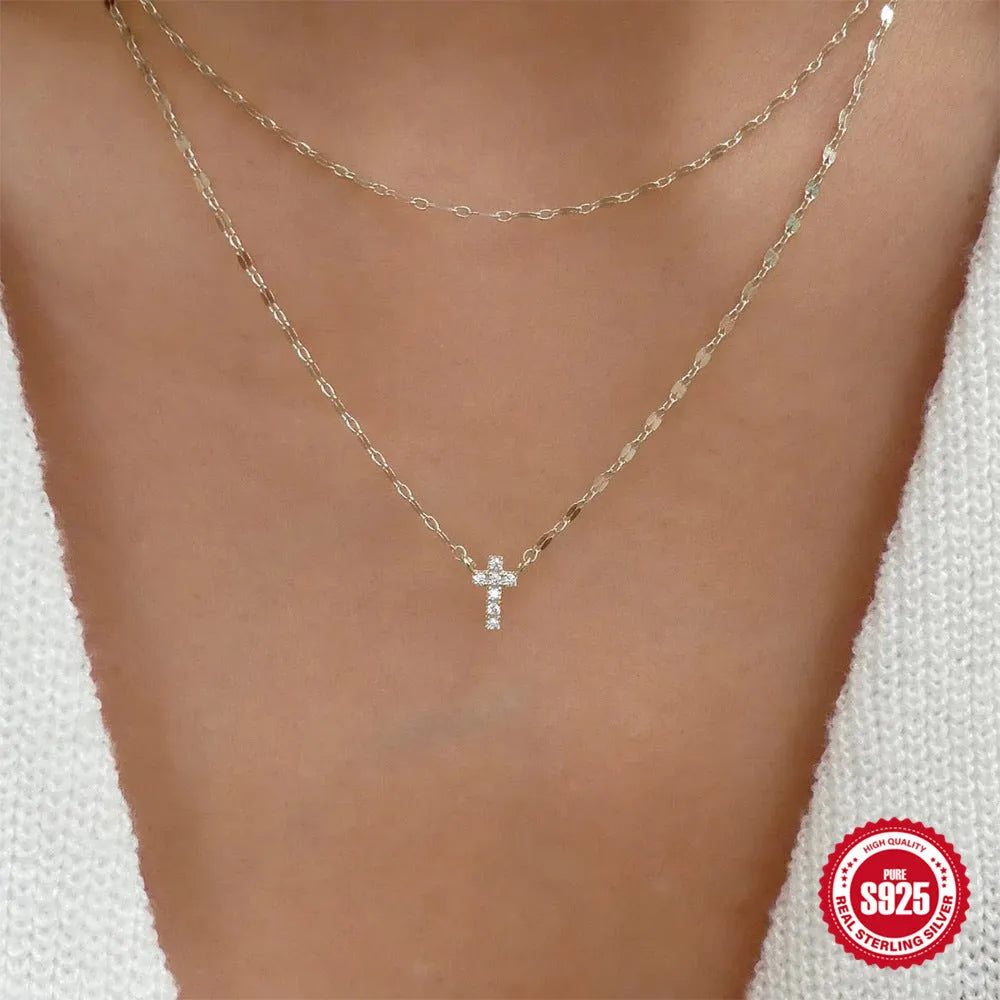 Sterling silver double layer twin diamond cross pendant necklace with geometric design on clavicle chain