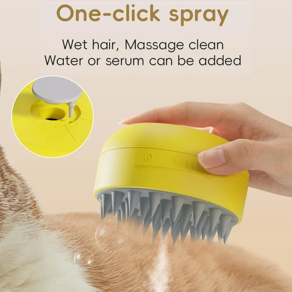 Green and yellow rechargeable silicone cat steam brush for grooming tangled hair