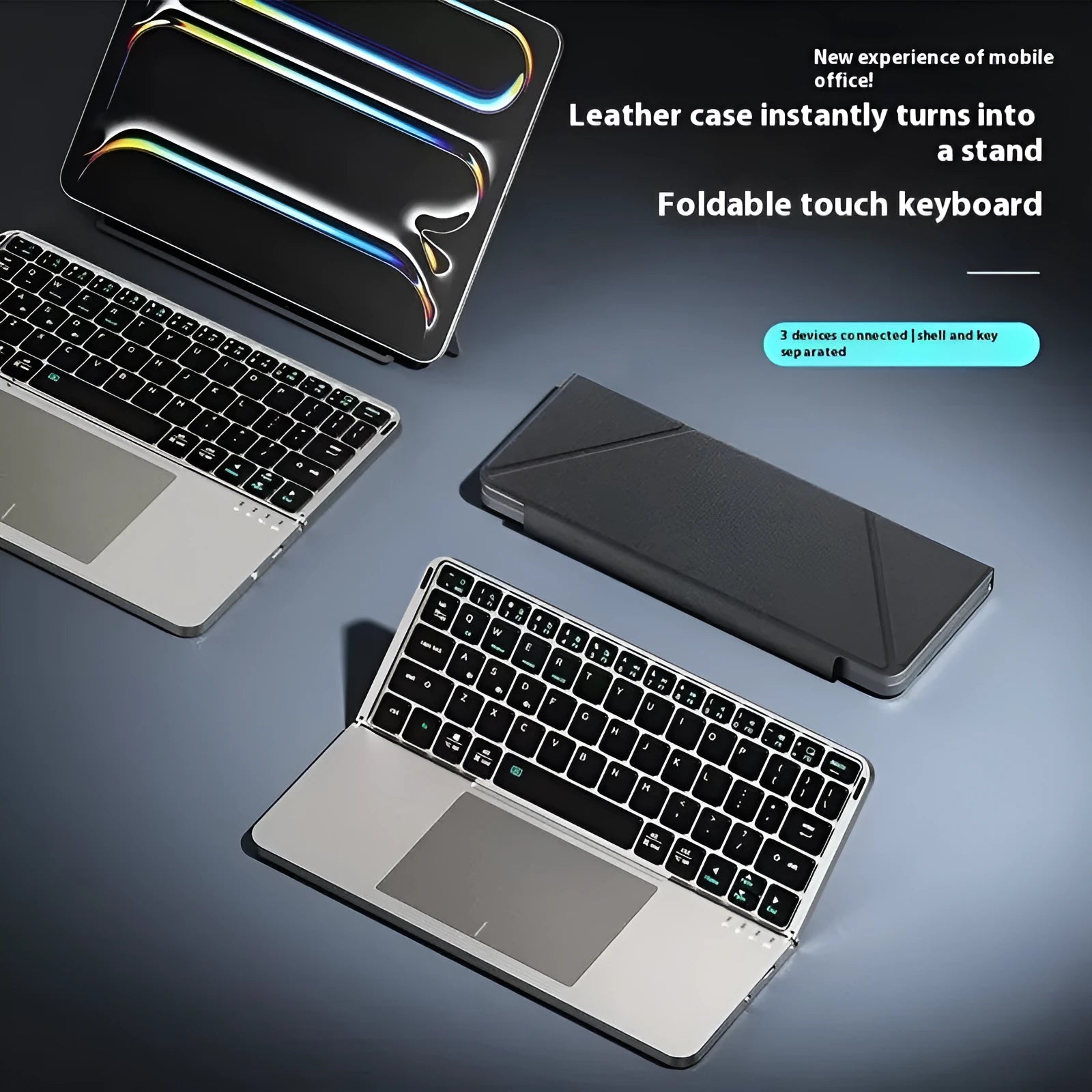 Grey wireless Bluetooth folding keyboard shown open for typing and folded for storage