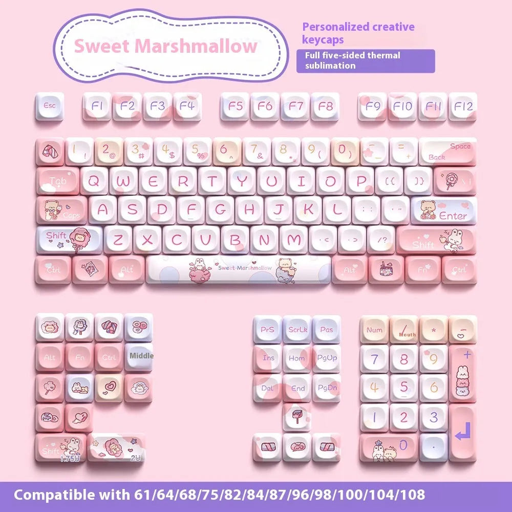 Sweet cotton candy coloured PBT plastic keycap set for mechanical keyboards, showing 112-key and 120-key options.