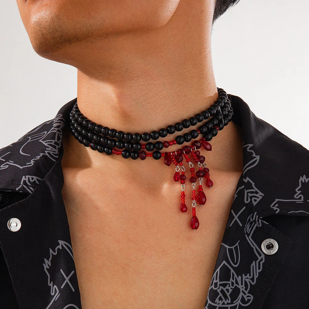 Halloween men's blood drop artificial crystal necklace with adjustable chain in red and black colour option