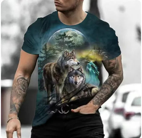 Man wearing a retro 3D animal print short-sleeved T-shirt made from lightweight polyester fabric.