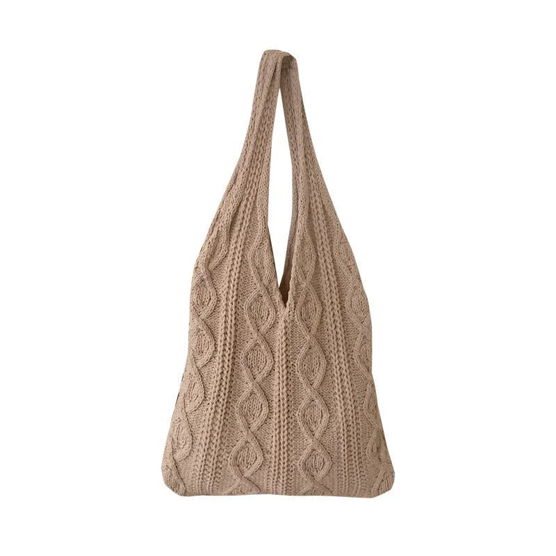 Retro hollow knitted shoulder tote bag in polyester with crochet design showing double straps and large capacity