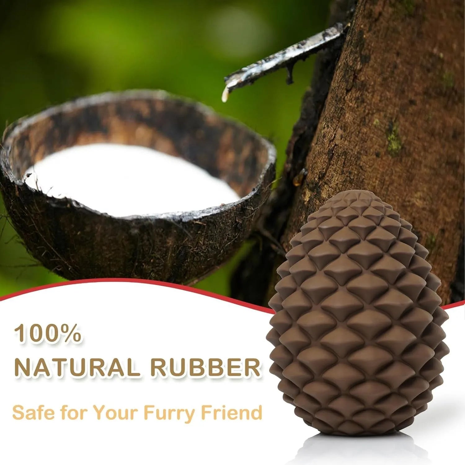 Yellow natural rubber pine cone-shaped dog chew toy with treat dispenser hole.