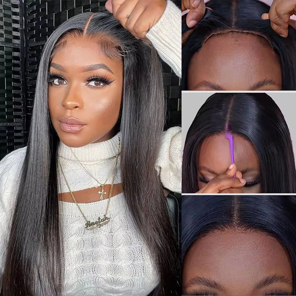 Straight human hair glueless wig with side bangs shown in natural style