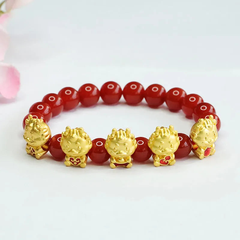Red agate Five Blessing Dragon bracelet with 8mm beads, Chinese style.