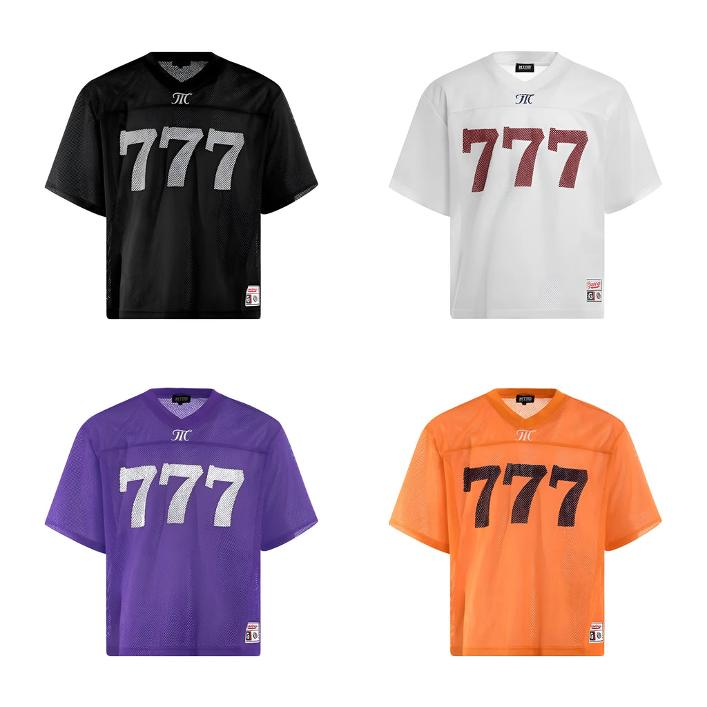 Men's loose fit polyester t-shirt in retro street style showing black, white, purple and orange colour options
