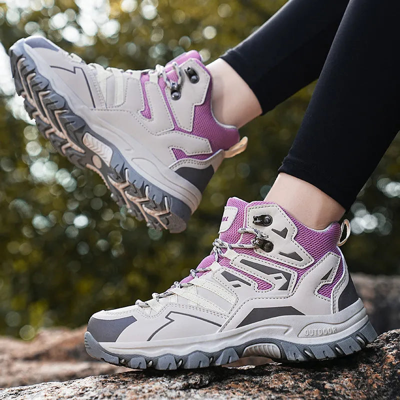 High-top hiking shoes with flannel upper and rubber soles in various colours for outdoor walking