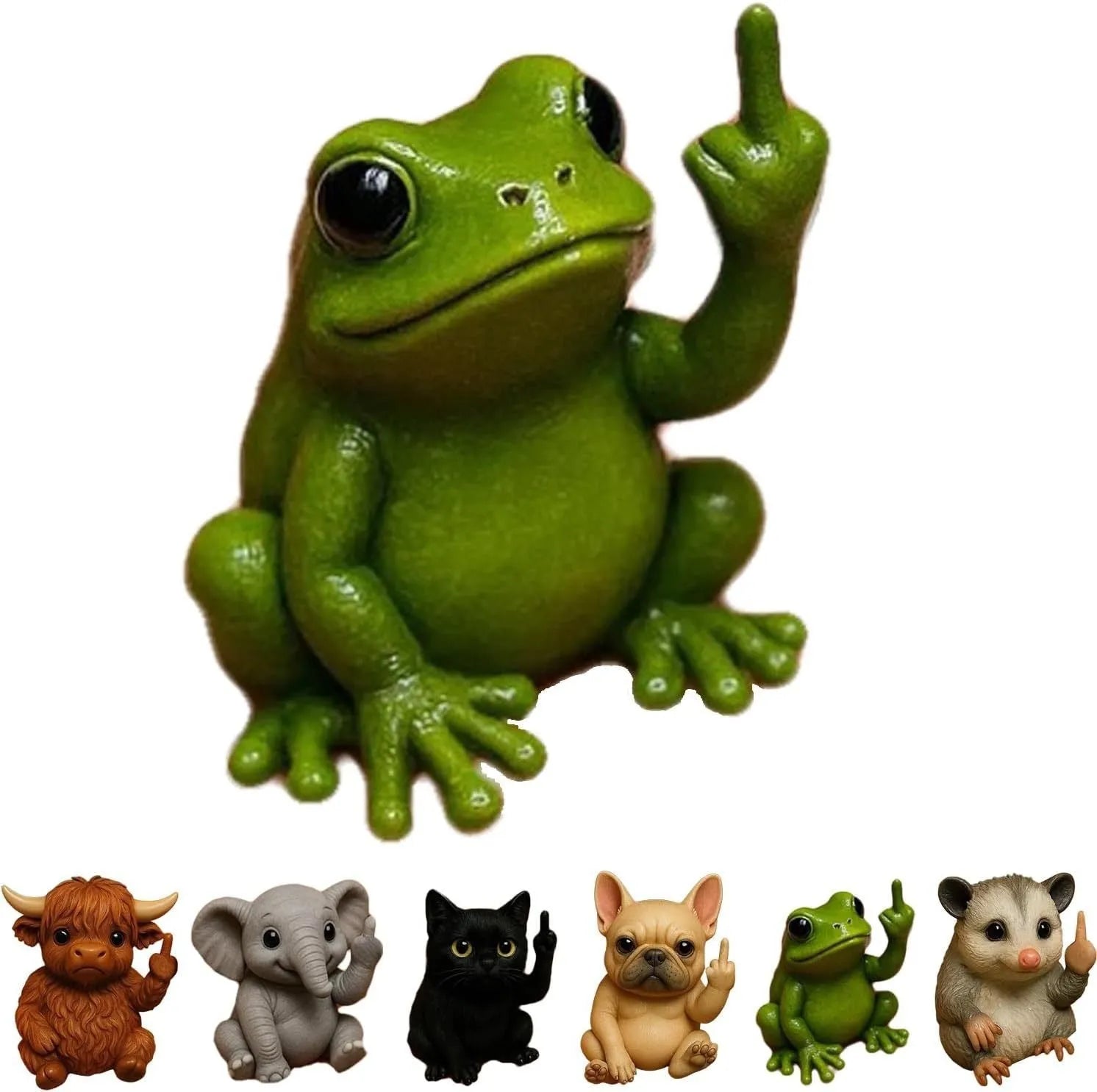 Mini resin animal doll holding up a middle finger, available in cat, dog, elephant, frog, cow, mouse, and turtle styles.