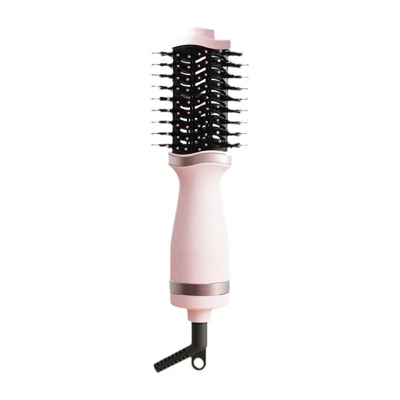 Pink multifunctional hair dryer with integrated comb and curling attachment