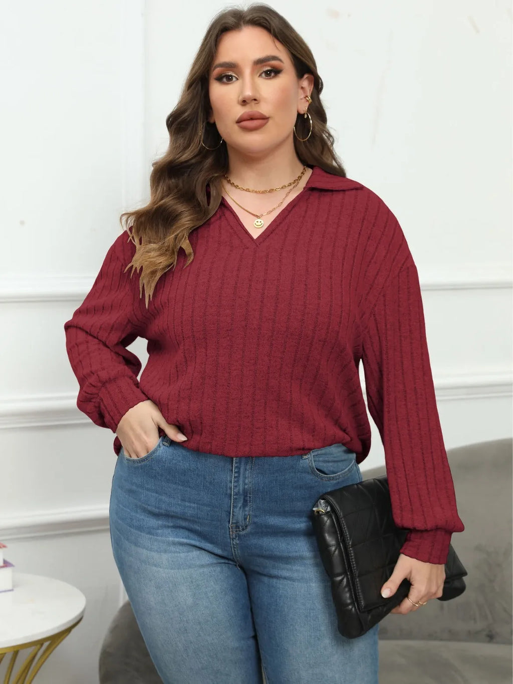 Women's plus size polo collar gothic shirt with lantern sleeves in melange gray fleece
