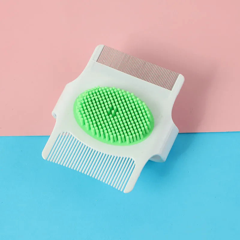 Blue and green multifunctional pet comb for dog grooming with hair removal, massage, and flea control features