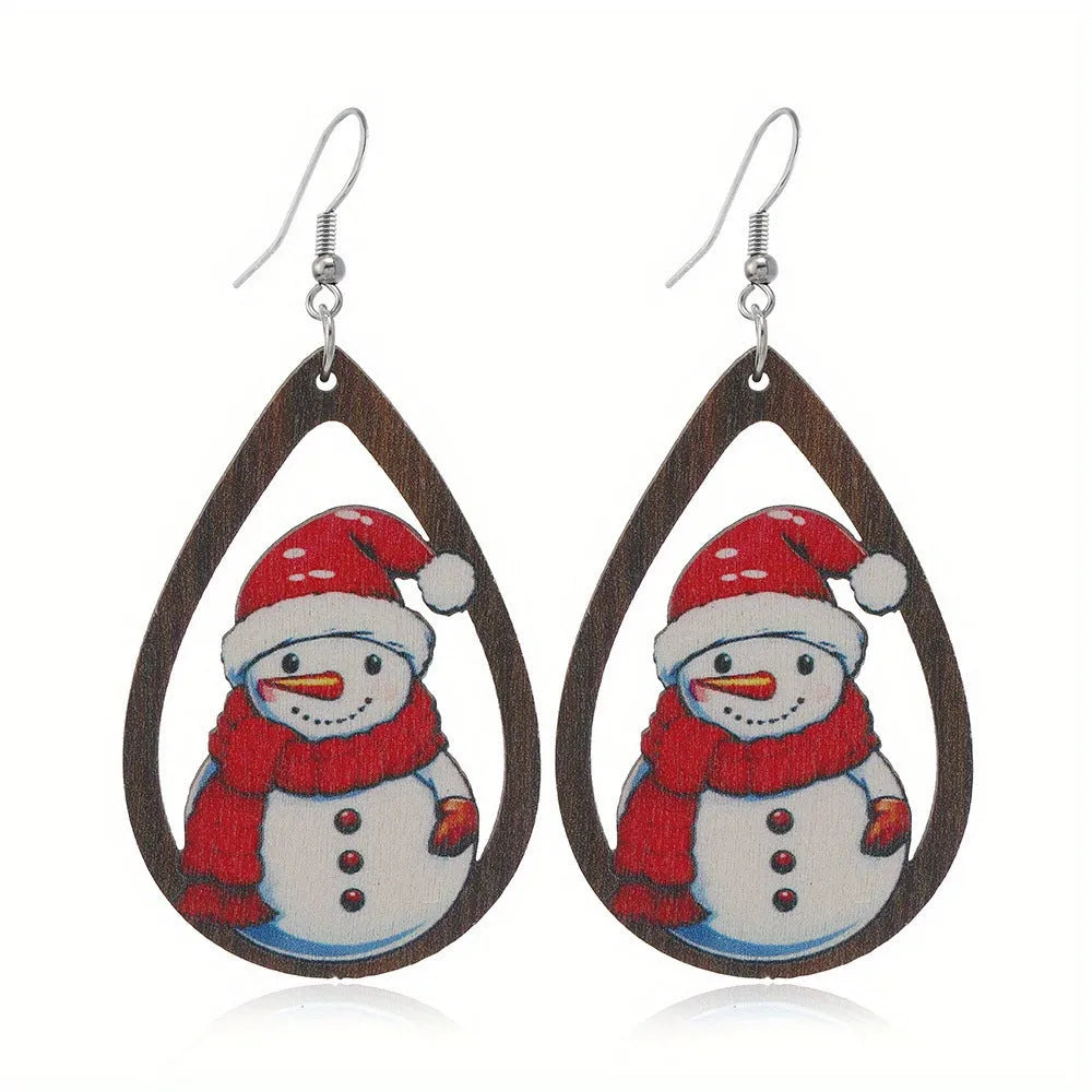Women's wooden Christmas earrings with geometric shapes and printed Santa Claus designs