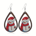 Women's wooden Christmas earrings with geometric shapes and printed Santa Claus designs
