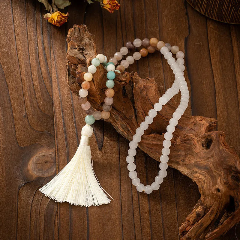 Vintage tassel bohemian style natural stone beaded long sweater chain necklace with geometric beads