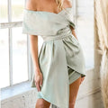 Women's strapless off-shoulder dress with high waist and patchwork skirt in matcha green colour