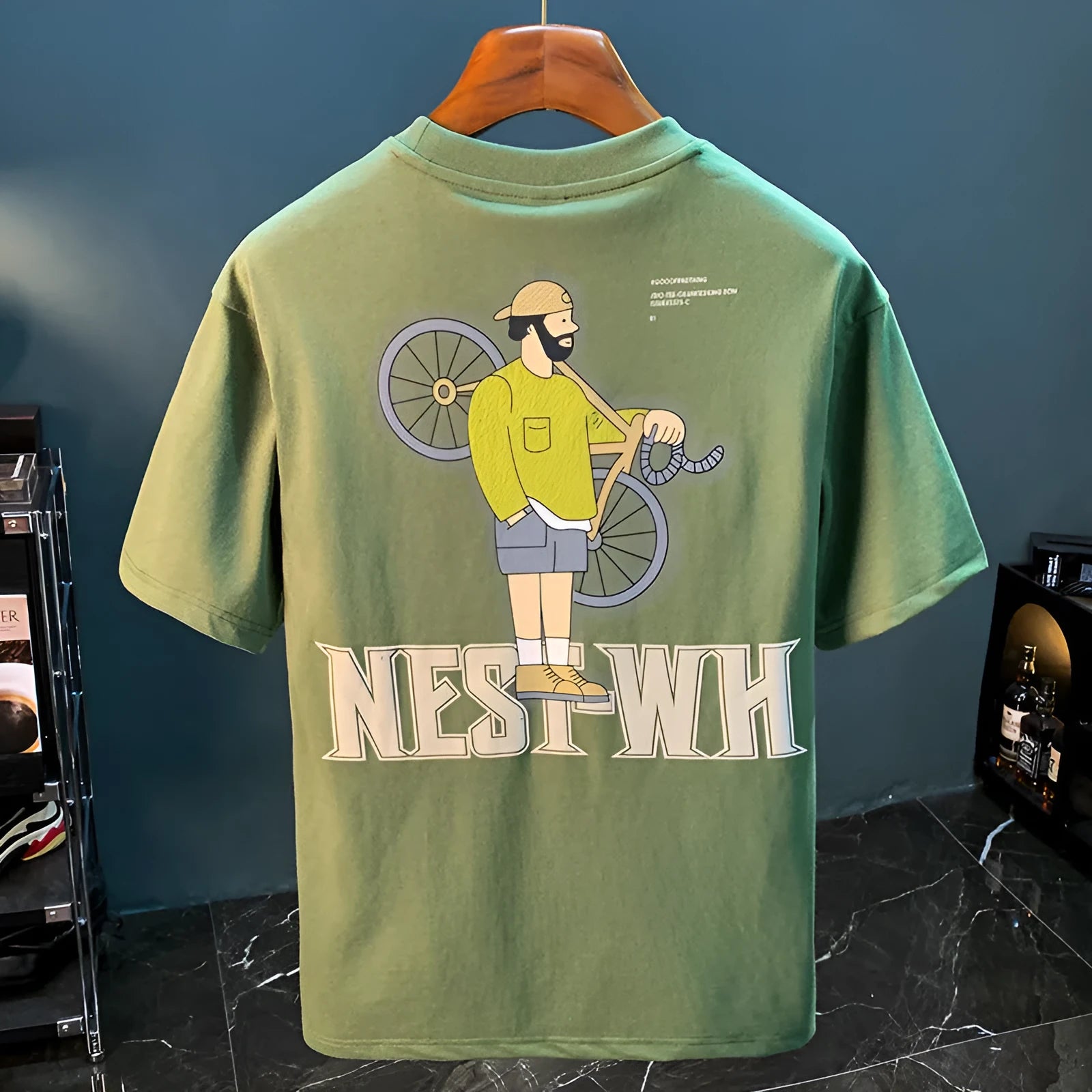Green loose fit men's t-shirt with literary youth print, short sleeves