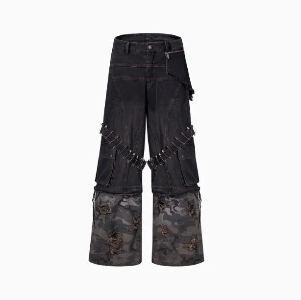 Men's grey camouflage print jeans with splicing panel construction and ribbon detail.