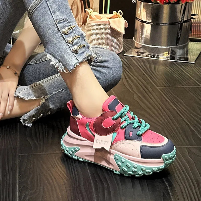 Leather sports casual shoes with thick wedge soles and front lace-up closure in multiple colour options