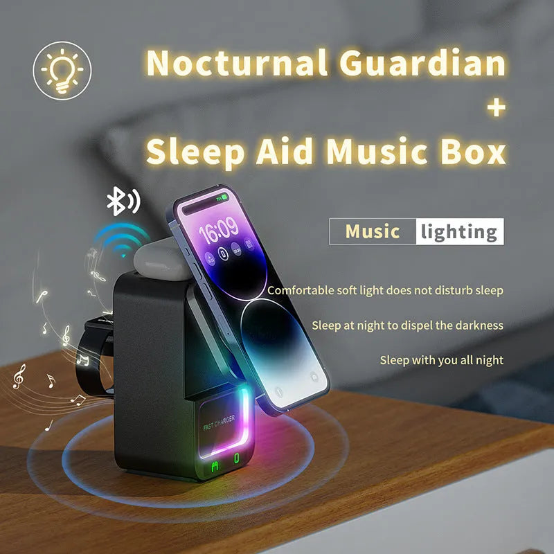 White Bluetooth speaker wireless charging station with QC3.0 fast charging support