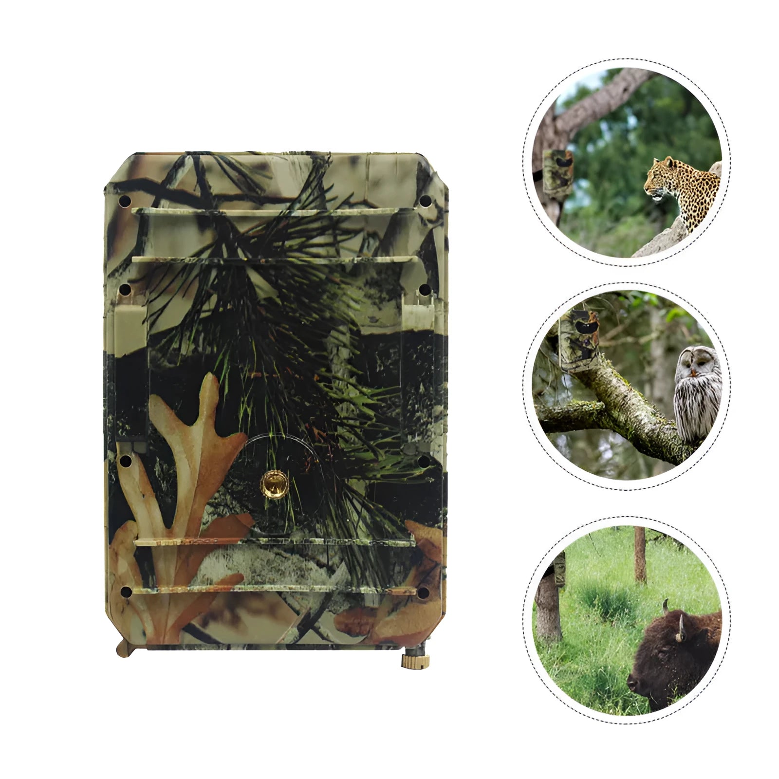 Yellow brown 16MP hunting camera with infrared LEDs and compact plastic housing