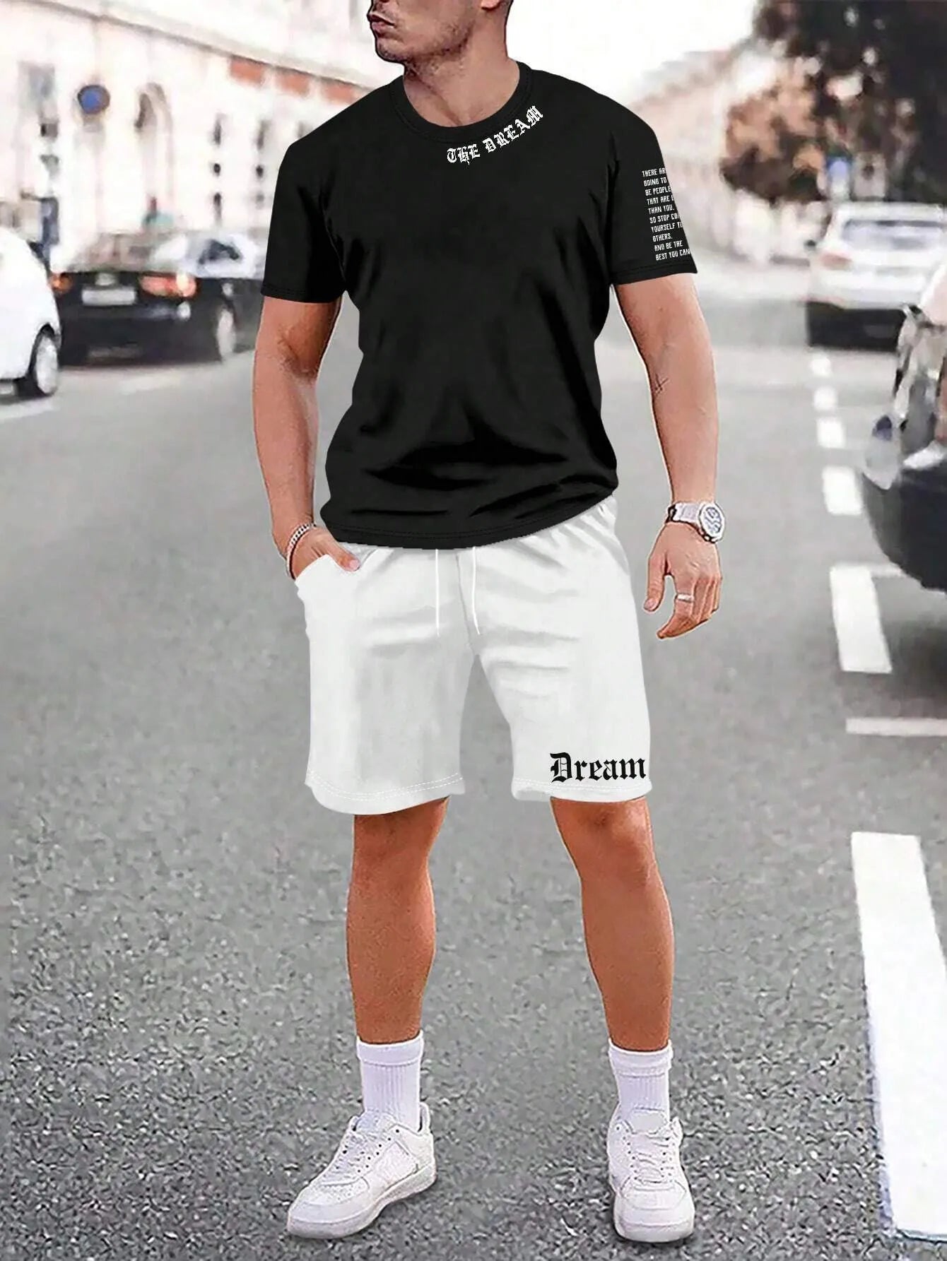 Men's sports shorts and t-shirt set in cotton blend fabric with printed pattern