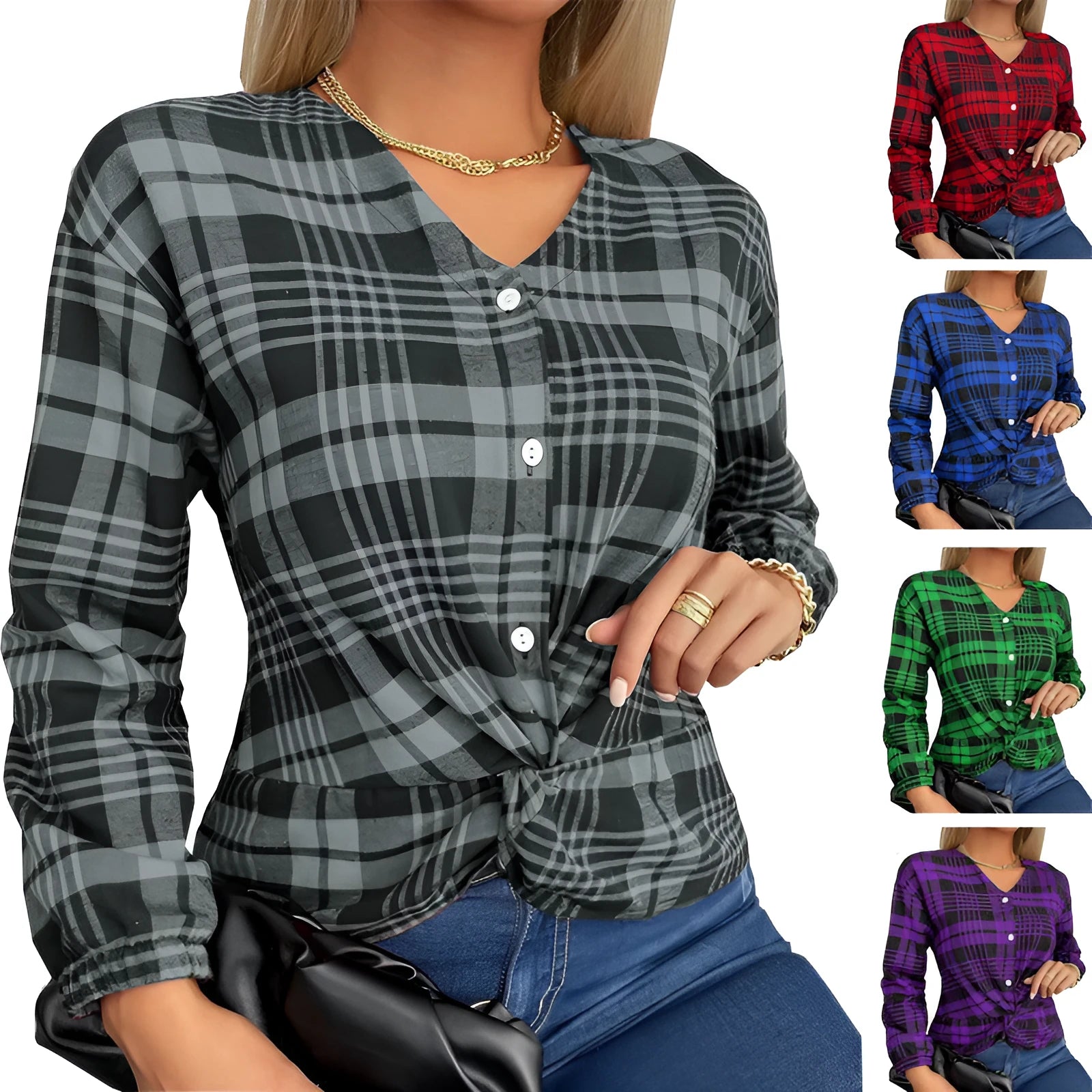 Women's purple plaid polyester shirt with loose casual cut and regular sleeves on hanger