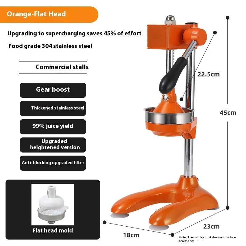 Stainless steel manual vertical juicer on a countertop, showing options for black, silver, orange, white, and electroplated finishes with pointed, flat, and double head tips.
