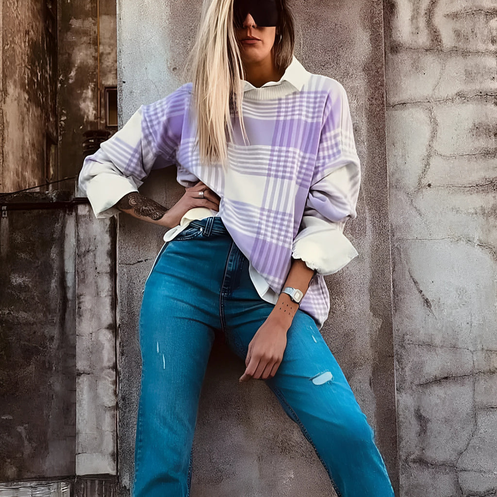 Lilac plaid print loose fit long sleeve sweater with ribbed collar and cuffs
